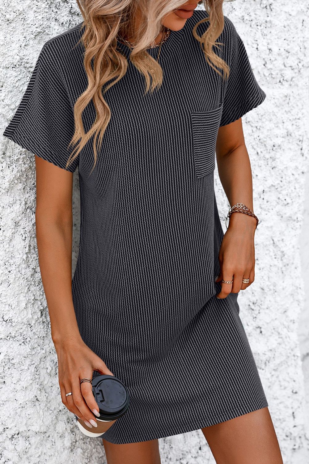 Blueberi B Women’s Mandy Ribbed Striped Short Sleeve Mini Tee Dress Rayon Polyester Size S-2XL