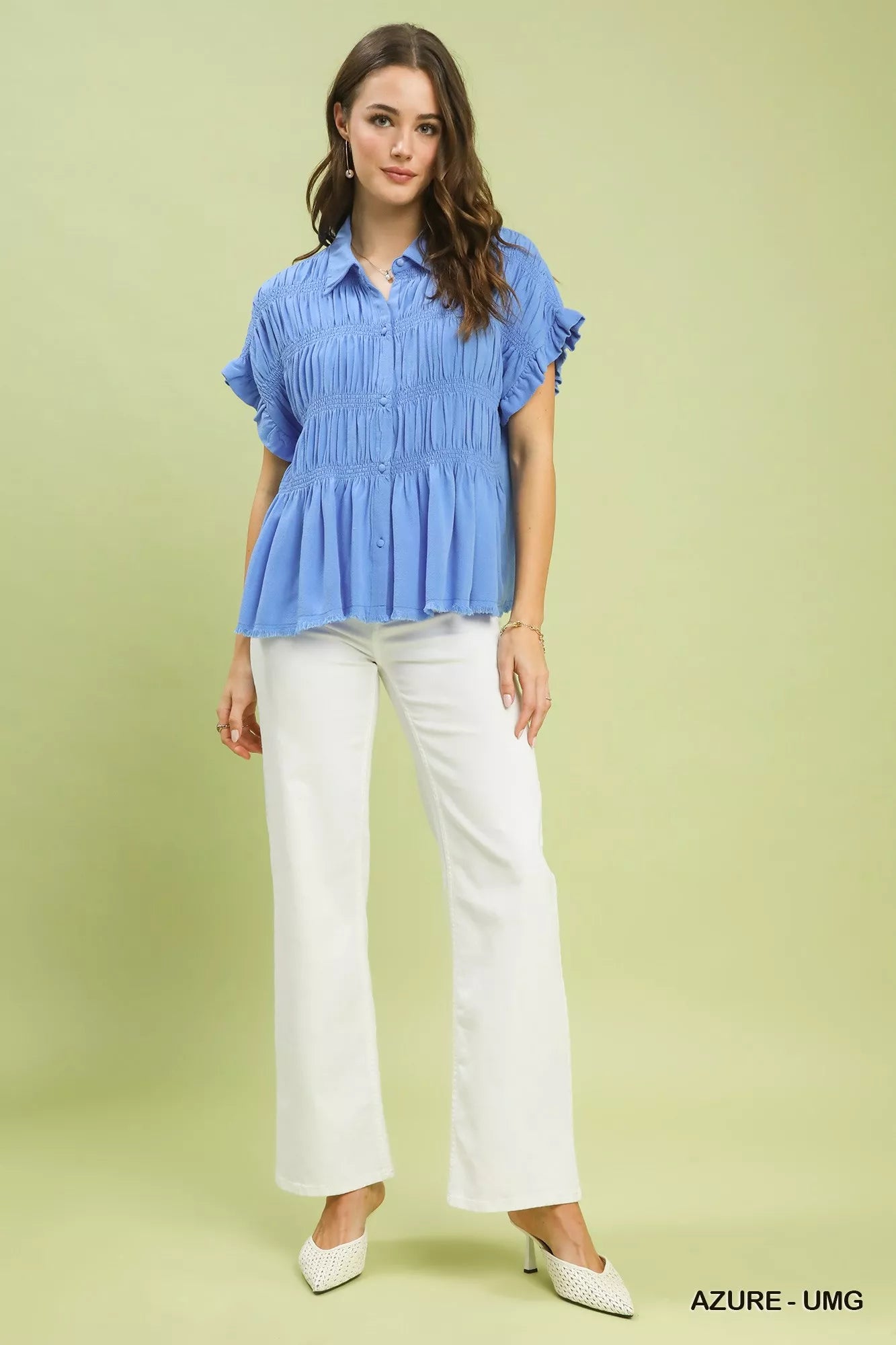 Blueberi Boutique: Umgee blue washed linen blend smocked shirt with ruffled sleeves