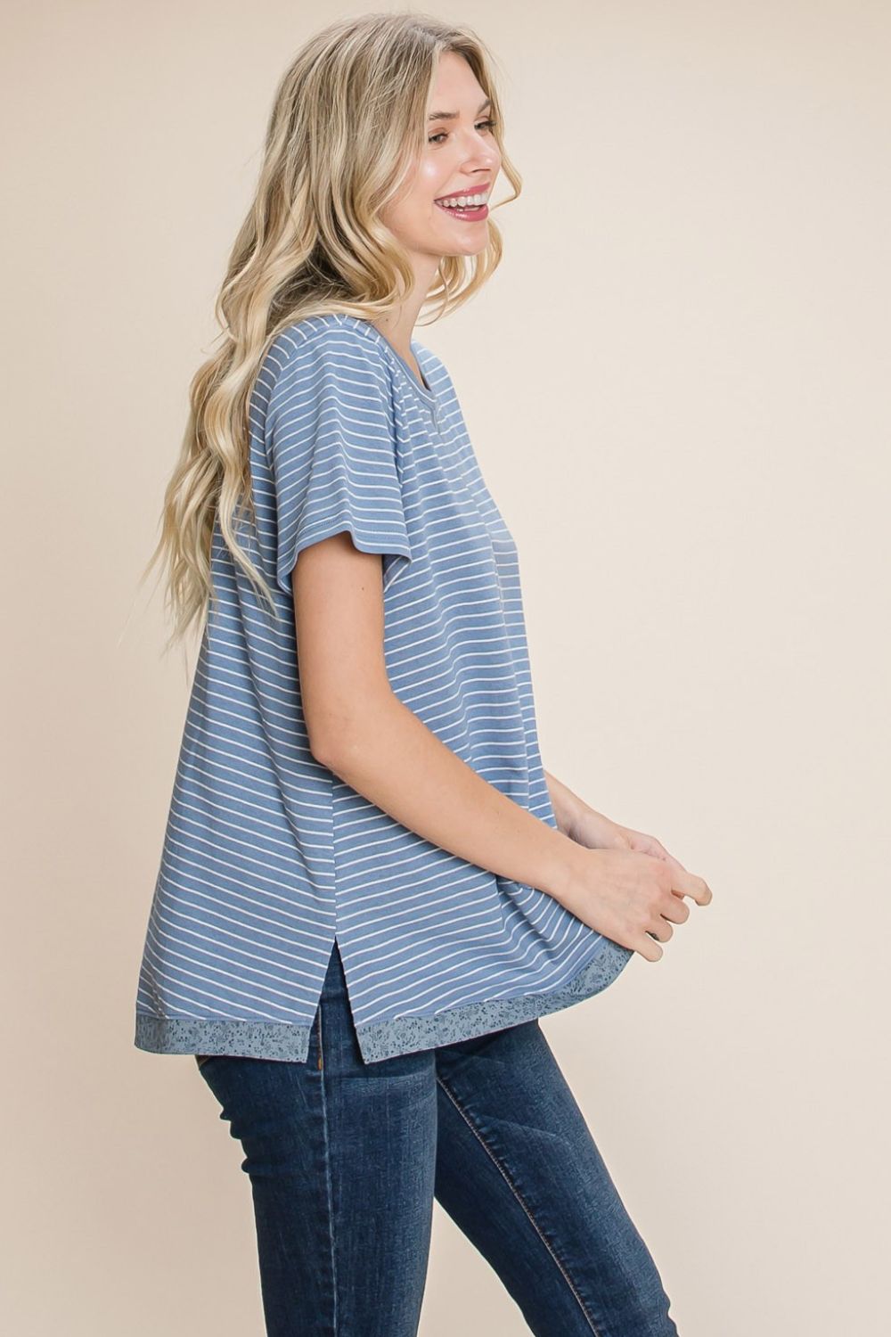 Blueberi B Women's Cotton Bleu by Nu Lab Slit Striped Notched Short Sleeve T-Shirt Cotton Size S-XL