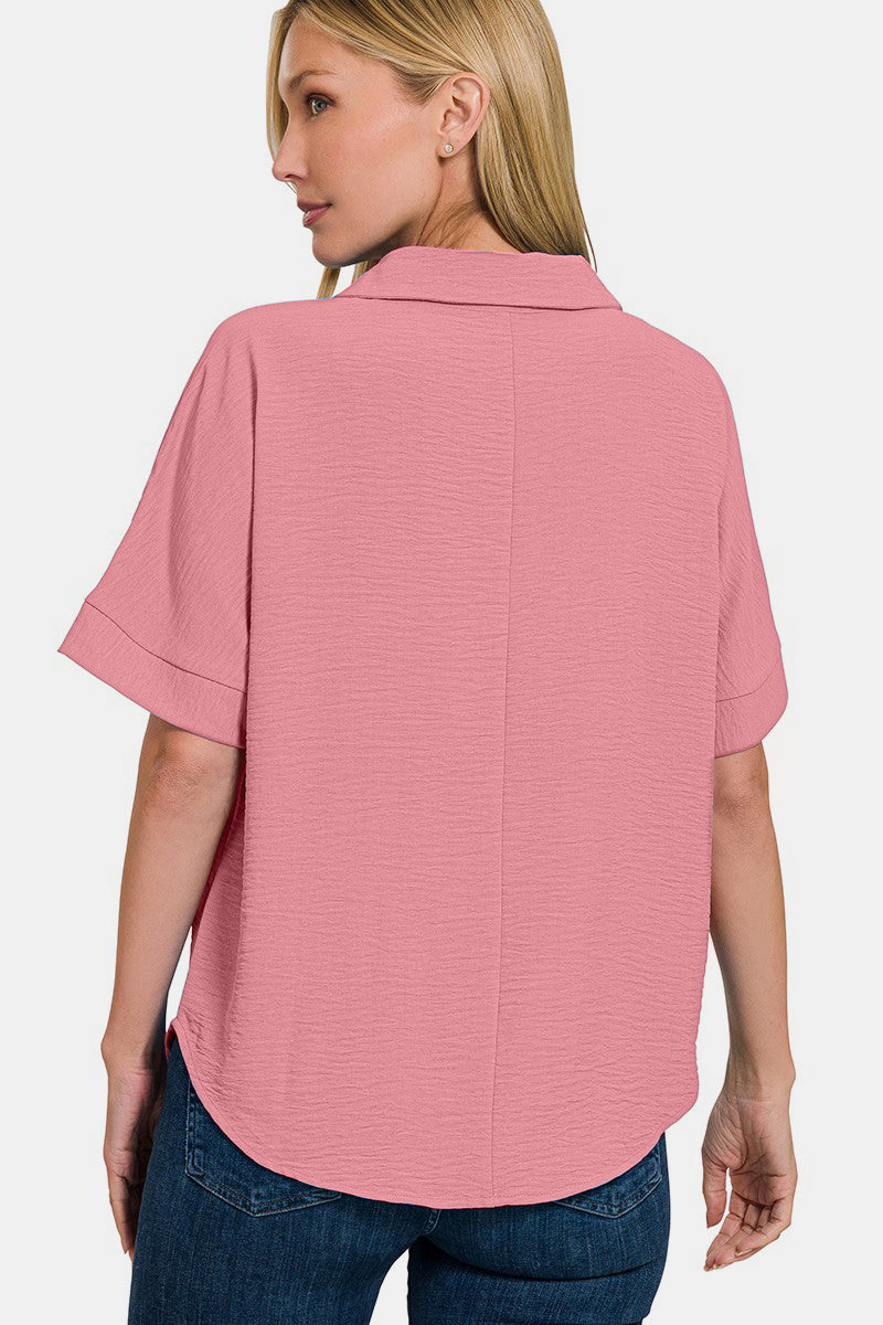 Zenana Women's Texture Collared Neck Short Sleeve Top Polyester Size S-XL