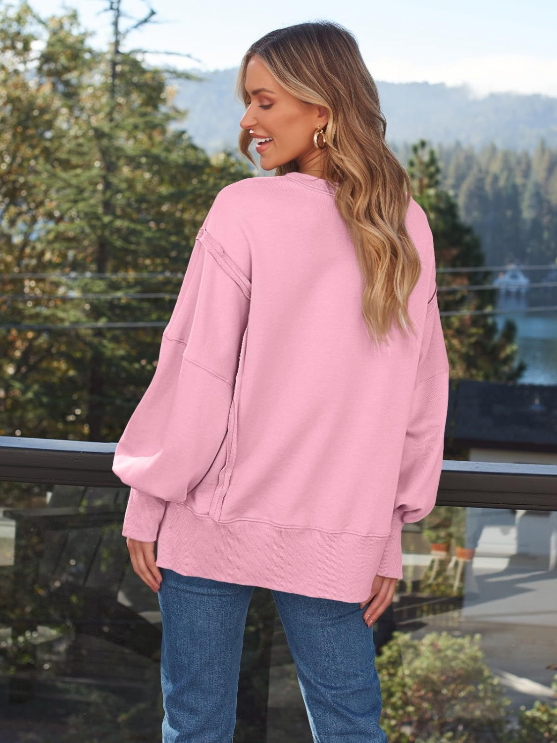 Blueberi B Women's  Slit Round Neck Long Sleeve Sweatshirt Rayon Polyester Size S-2XL