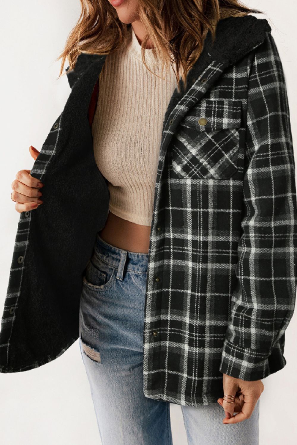 Blueberi B Women’s Plaid Button Up Long Sleeve Hooded Jacket Polyester Size S-2XL