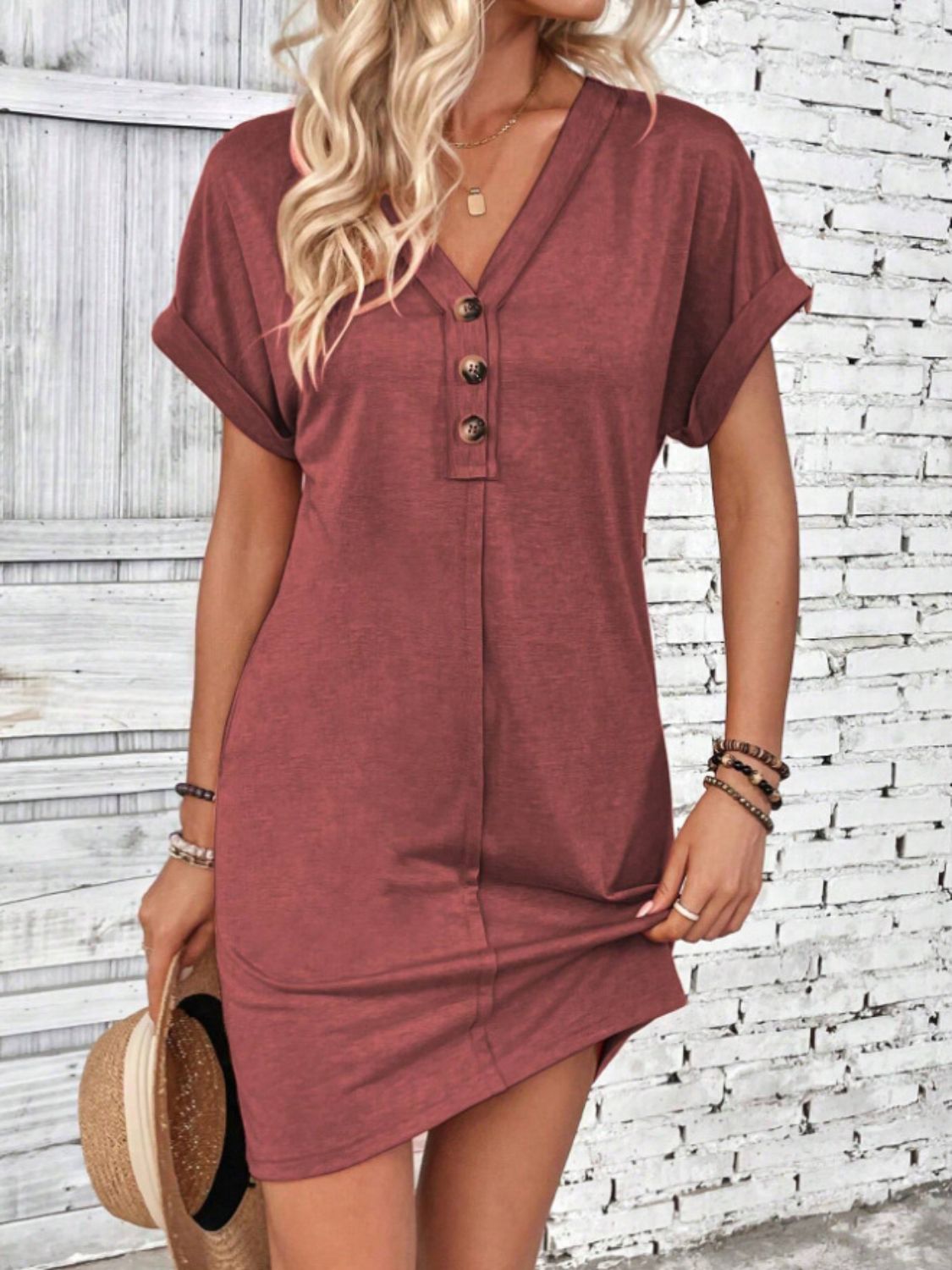Blueberi B Women’s Quarter Button V-Neck Short Sleeve Dress Polyester Size S-XL