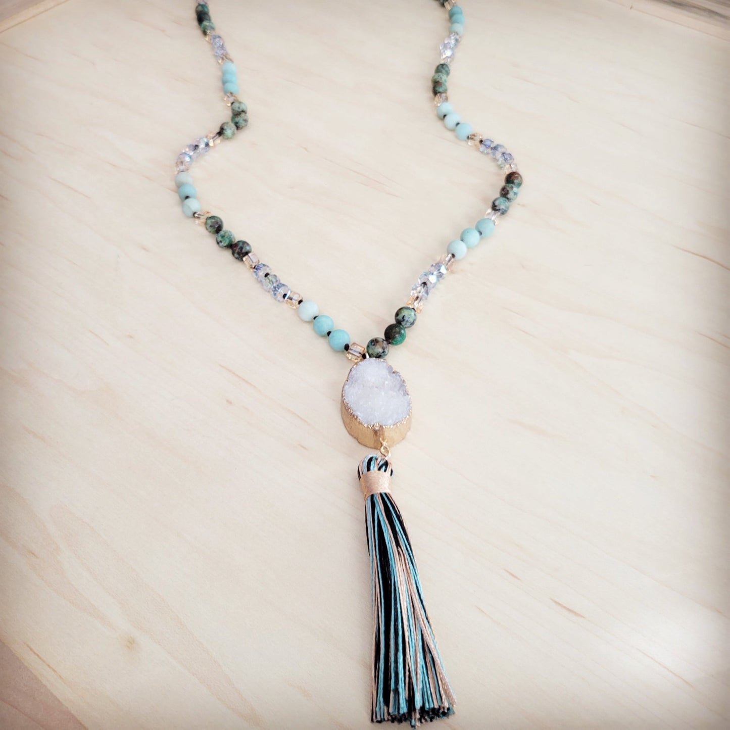 Jewelry Junkie Long Amazonite NJewelry Junkie Necklace with Genuine White Druzy Pendant & Tassel | Amazonite, Crystal & Druzy | 30"