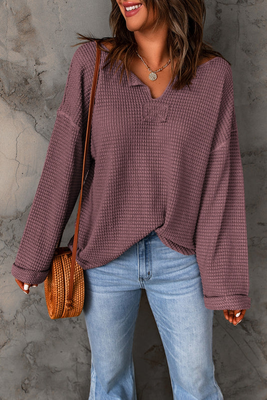 Blueberi B Women’s Notched Neck Drop Shoulder Long Sleeve Blouse Polyester Elastane Size S-2XL