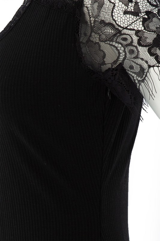 Solid Black Short Sleeve Lace trim dress