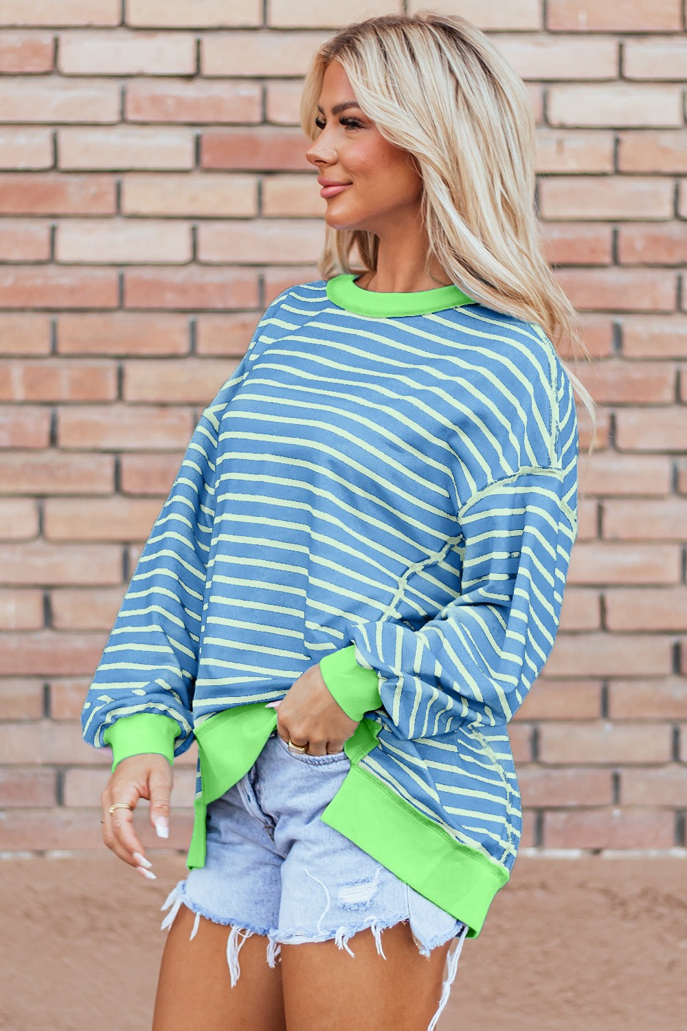 Blueberi B Women’s High-Low Striped Long Sleeve Sweatshirt Polyester Cotton Elastane Size S-XL