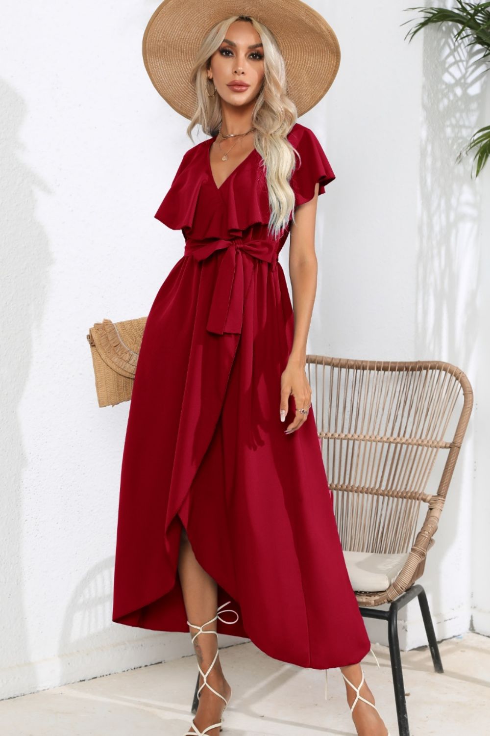 Blueberi B Women’s Ruffled Tied V-Neck Midi Dress Polyester S-XL