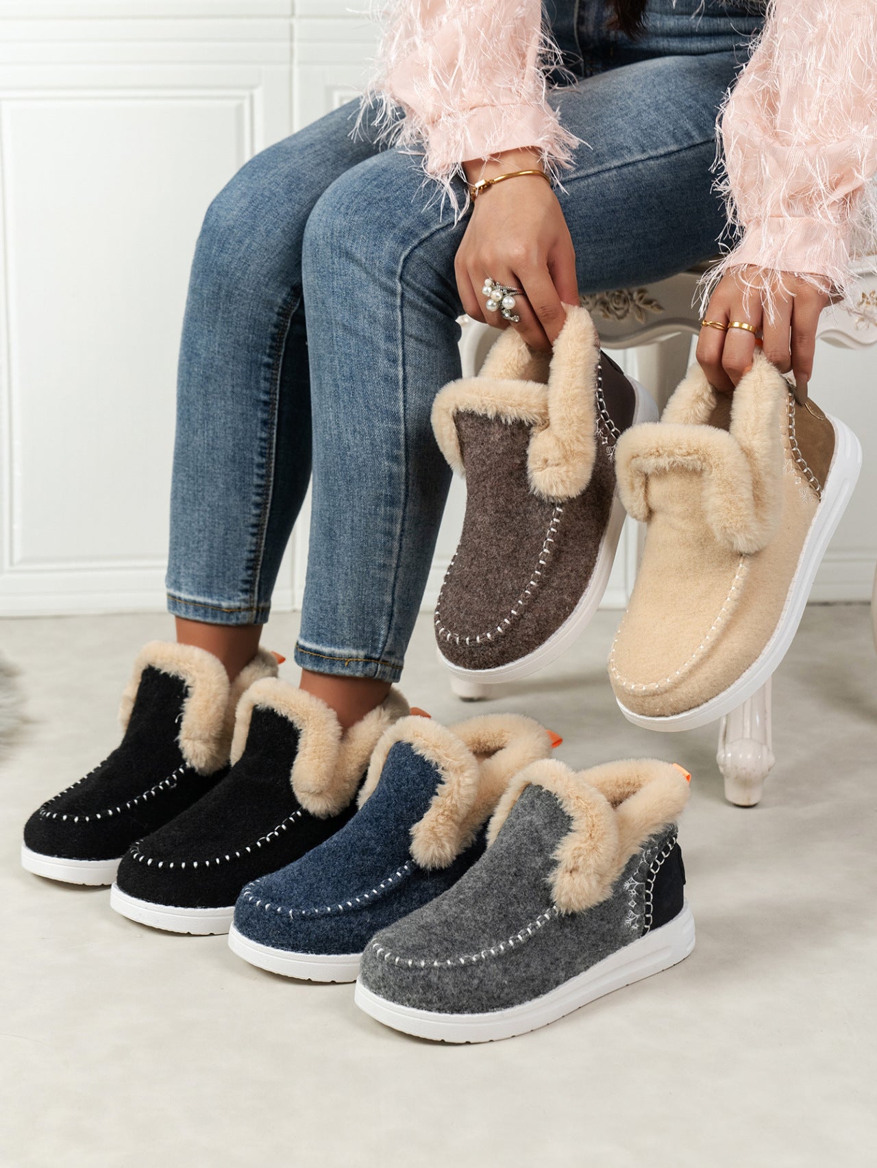 Blueberi B Furry Suede Round Toe Flat Sneakers Faux Fur Suede Rubber Size 5-11