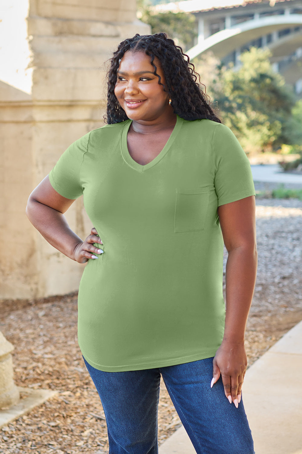 Basic Bae Women’s Bamboo Full Size V-Neck Short Sleeve T-Shirt Bamboo Spandex Size S-3XL