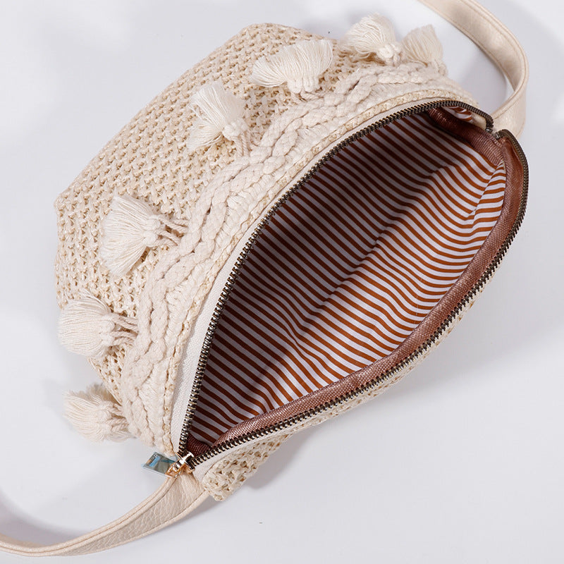 Esme Woven Straw Vegan Leather Polyester Lined Macrame Tassel Crossbody Sling Bag