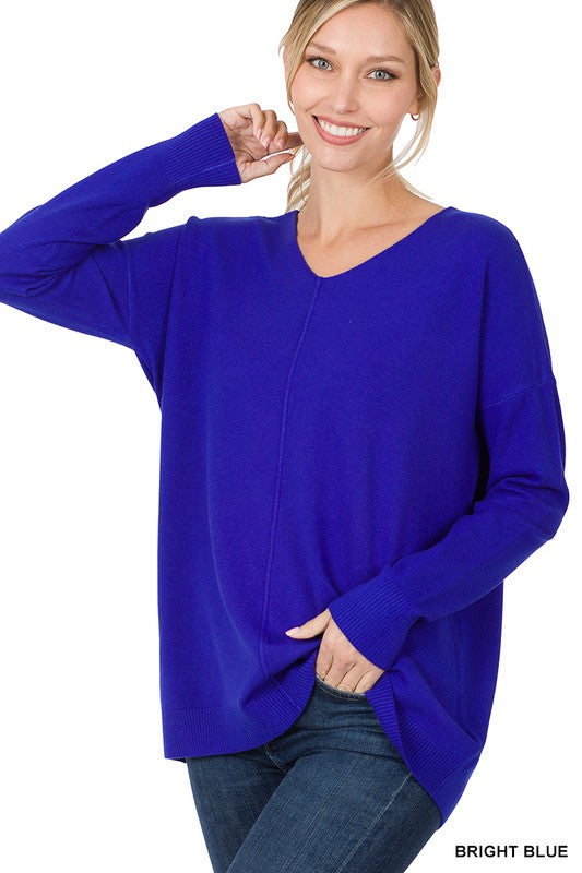 Zenana Clothing Hi-Low Garment Dyed V-Neck Front Seam Sweater