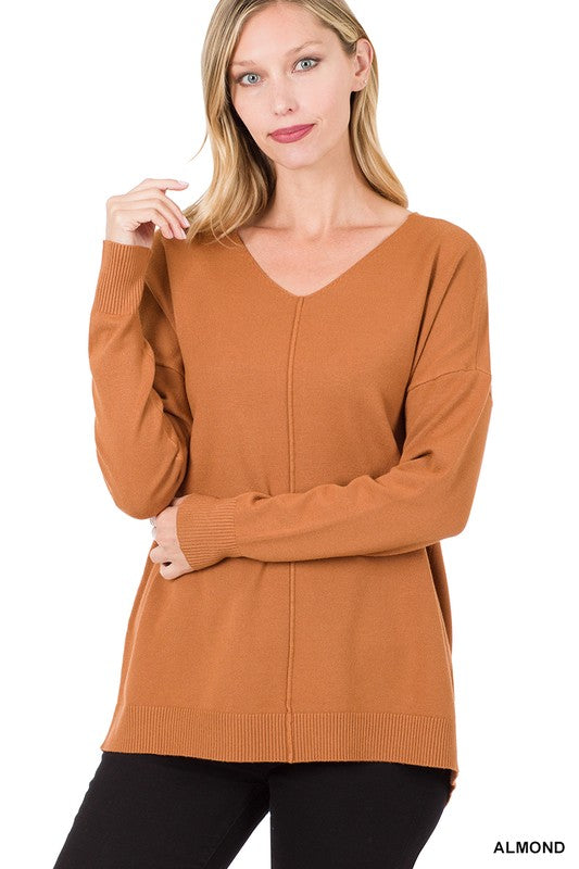 Zenana Clothing Hi-Low Garment Dyed V-Neck Front Seam Sweater