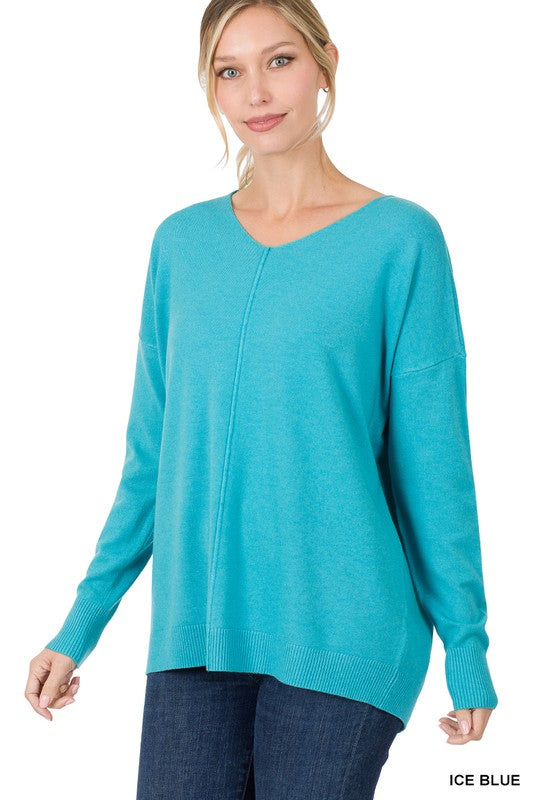 Zenana Clothing Hi-Low Garment Dyed V-Neck Front Seam Sweater