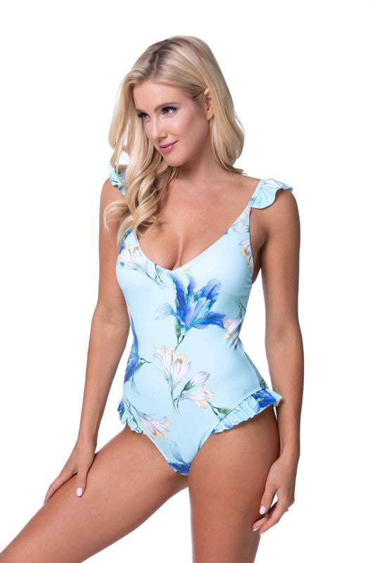 Women's Blue Floral Ruffle Trim One Piece Swimwear Nylon Spandex Size S-L