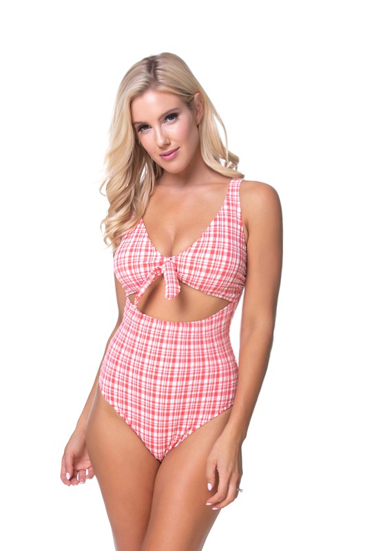 Women's Textured Plaid Cutout One Piece Swimsuit Nylon Spandex Size S-L