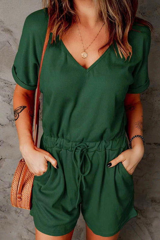 Blueberi B Women's Full Size Drawstring V-Neck Short Sleeve Romper Polyester Spandex Size S-3XL