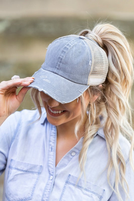 Women's Distressed Messy Bun Snap Back Hat Cap
