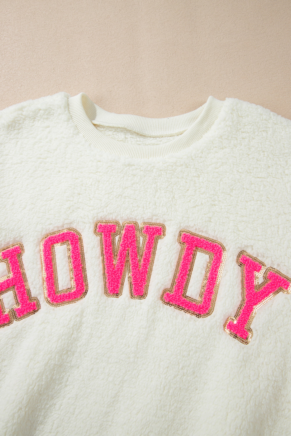 Blueberi B Women’s HOWDY Patched Round Neck Sherpa Sweatshirt Polyester Size S-2XL