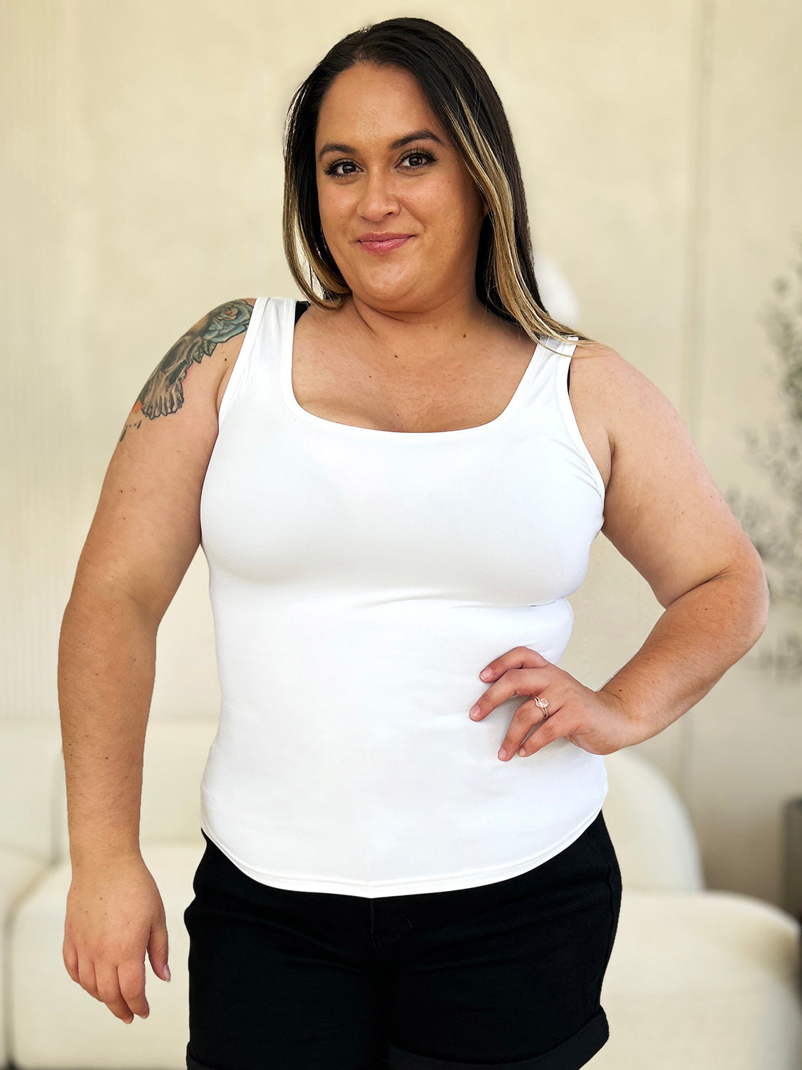 Basic Bae Women’s Full Size Square Neck Wide Strap Tank Nylon Spandex Size S-3XL