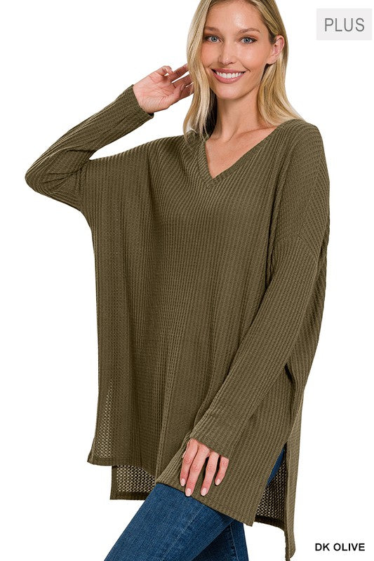 Zenana Clothing Plus Size Brushed Thermal Waffle V-Neck Sweater