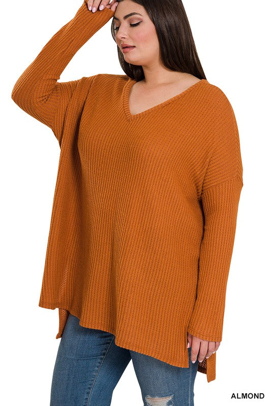 Zenana Clothing Plus Size Brushed Thermal Waffle V-Neck Sweater