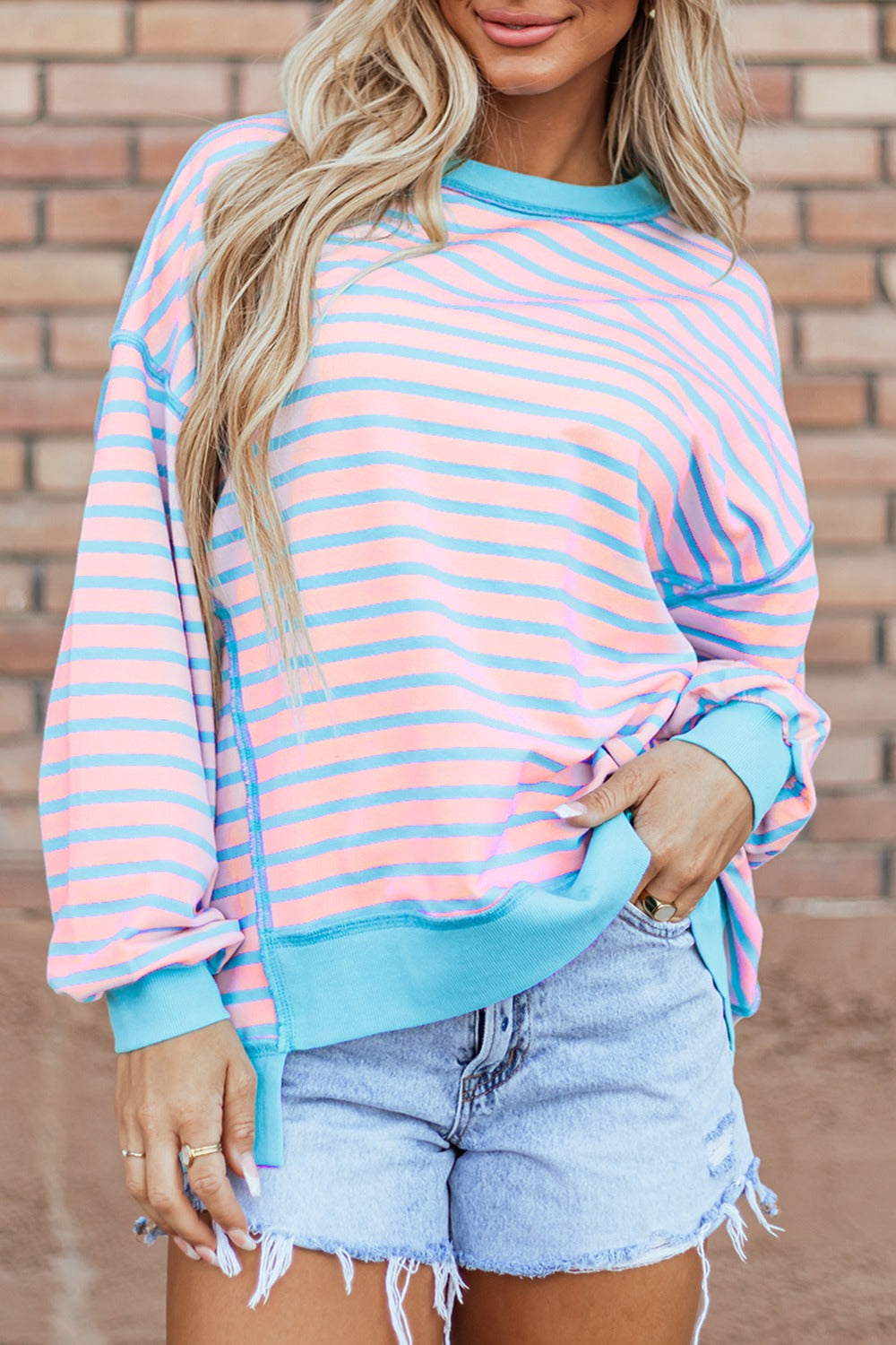 Blueberi B Women’s High-Low Striped Long Sleeve Sweatshirt Polyester Cotton Elastane Size S-XL