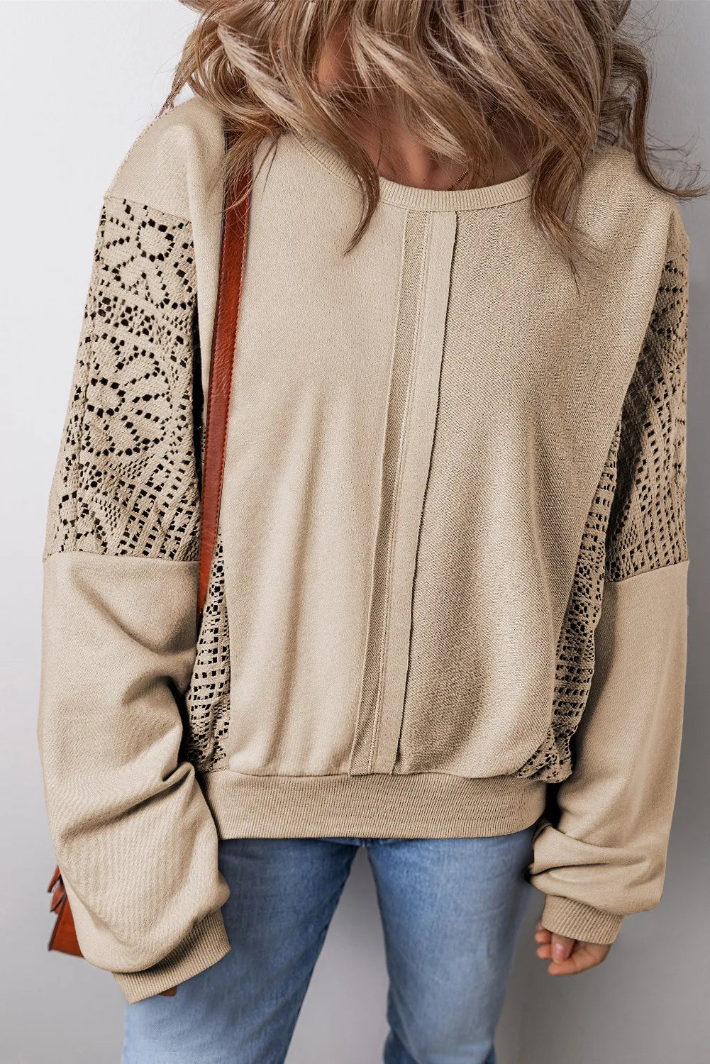 Blueberi B Women’s Openwork Round Neck Long Sleeve Sweatshirt Polyester Cotton Size S-XL