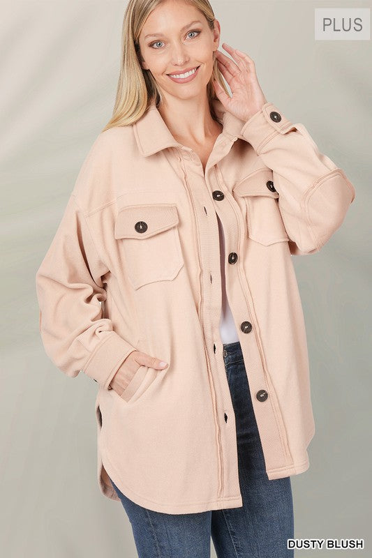 Zenana Clothing Plus Oversized Basic Fleece Long Sleeve Shacket