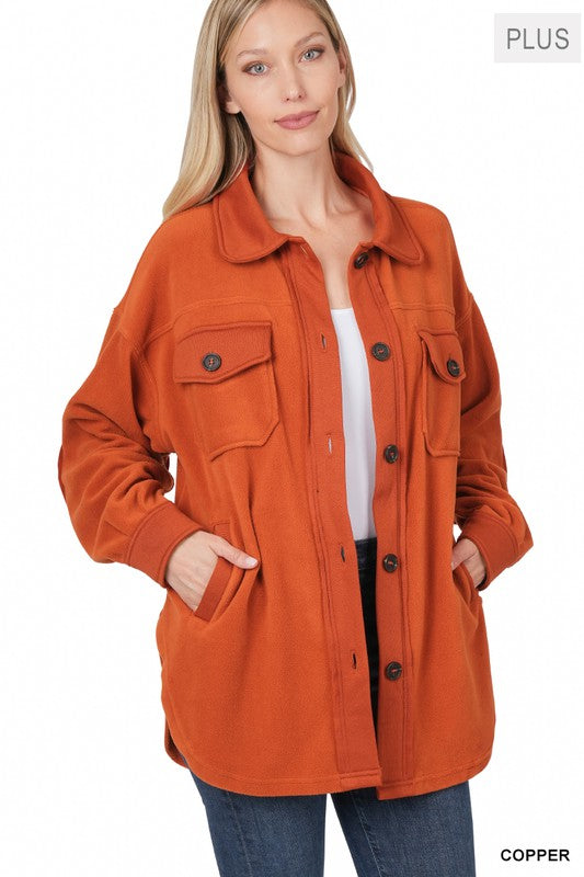 Zenana Clothing Plus Oversized Basic Fleece Long Sleeve Shacket