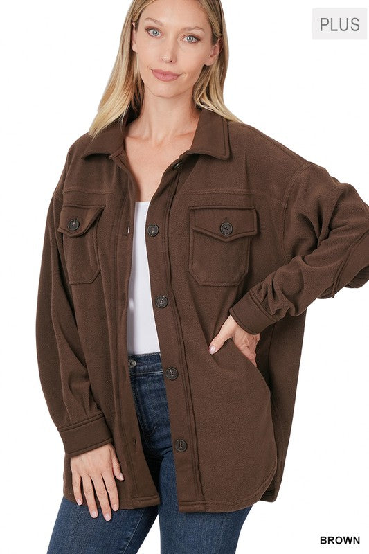 Zenana Clothing Plus Oversized Basic Fleece Long Sleeve Shacket