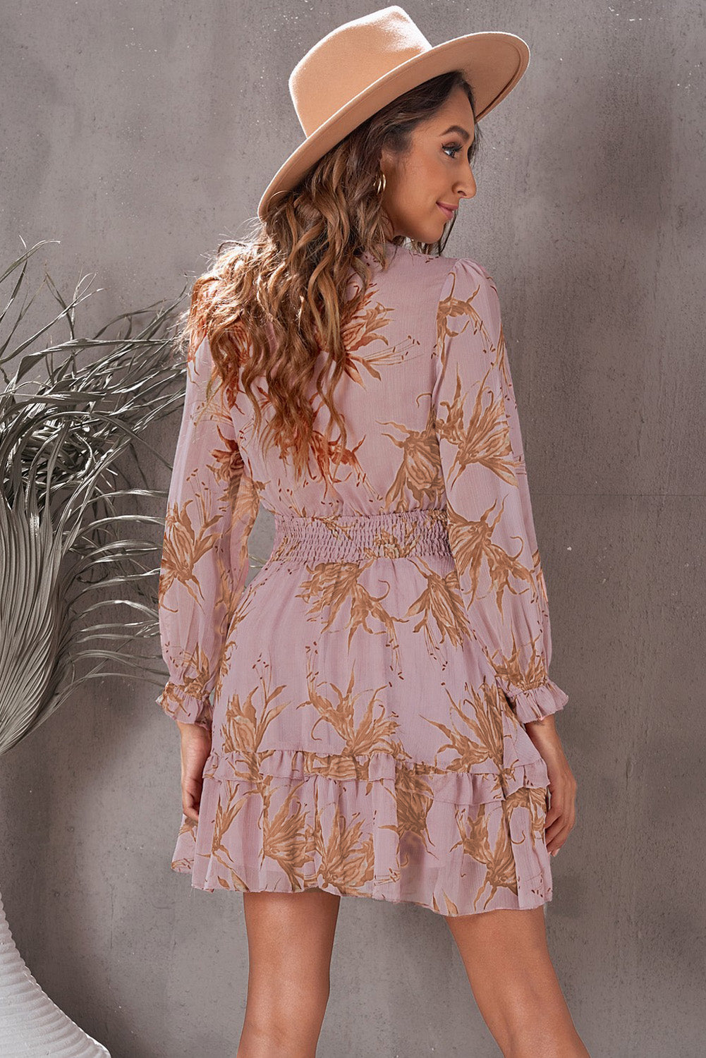 Blueberi B Women’s Floral Deep V Long Flounce Sleeve Mini Dress Polyester Spandex Size S-XL