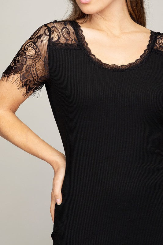 Solid Black Short Sleeve Lace trim dress