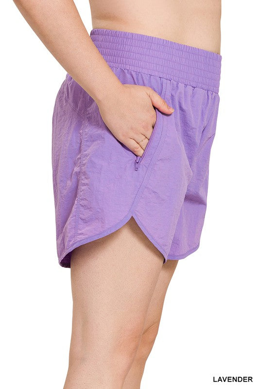 Zenana Clothing Plus Windbreaker Smocked Waistband Running Shorts