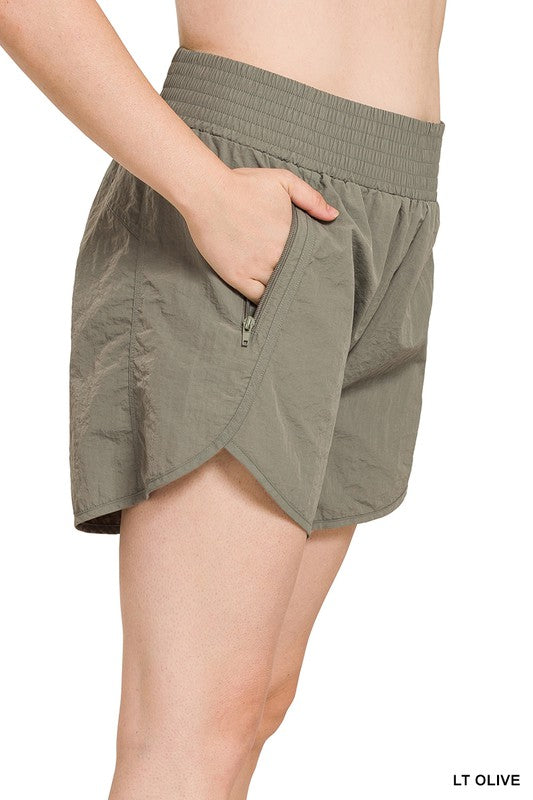 Zenana Clothing Plus Windbreaker Smocked Waistband Running Shorts