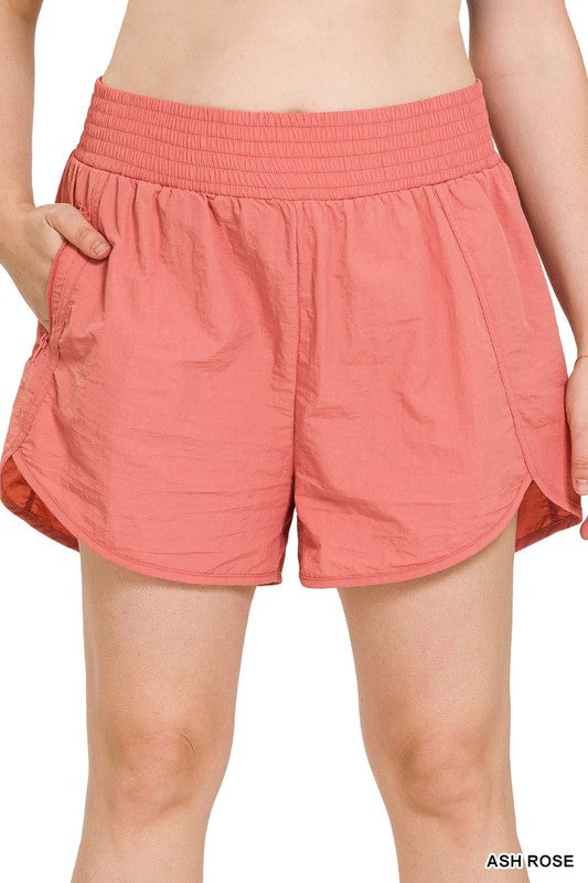 Zenana Clothing Plus Windbreaker Smocked Waistband Running Shorts