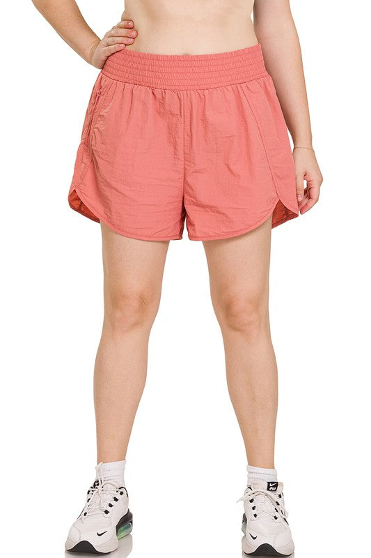 Zenana Clothing Plus Windbreaker Smocked Waistband Running Shorts
