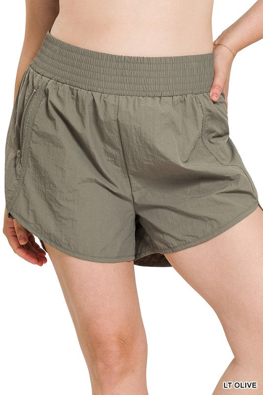 Zenana Clothing Plus Windbreaker Smocked Waistband Running Shorts