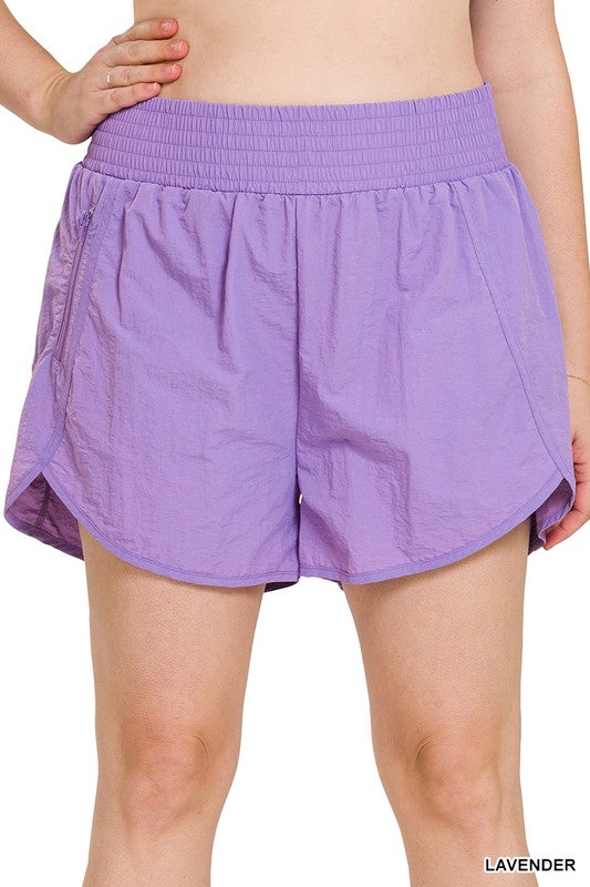 Zenana Clothing Plus Windbreaker Smocked Waistband Running Shorts
