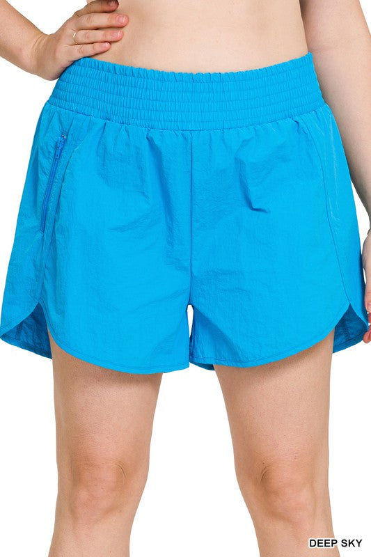 Zenana Clothing Plus Windbreaker Smocked Waistband Running Shorts
