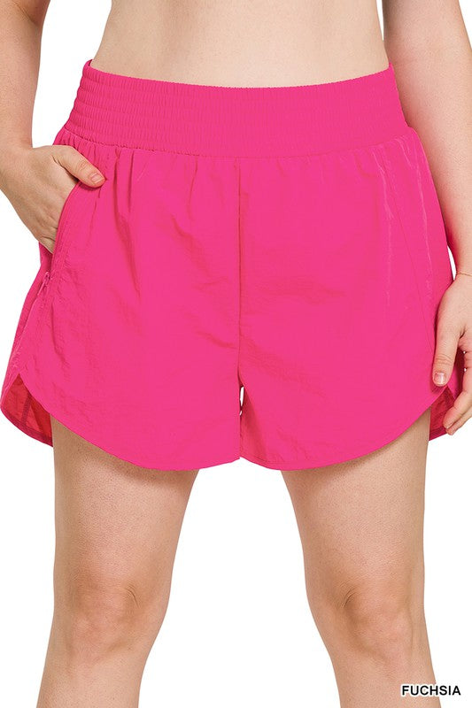 Zenana Clothing Plus Windbreaker Smocked Waistband Running Shorts