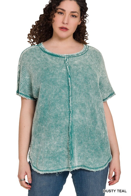 Zenana Women's Clothing Plus Washed Baby Waffle Short Sleeve Top Cotton Size S/M L/XL
