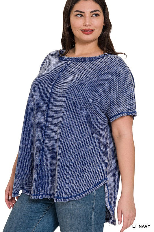 Zenana Women's Clothing Plus Washed Baby Waffle Short Sleeve Top Cotton Size S/M L/XL