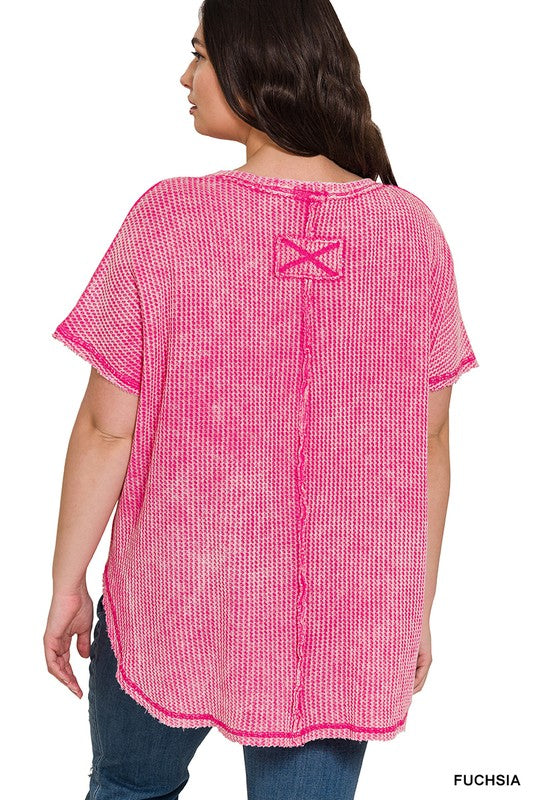 Zenana Women's Clothing Plus Washed Baby Waffle Short Sleeve Top Cotton Size S/M L/XL