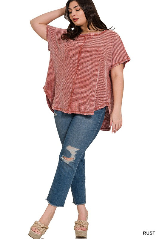 Zenana Women's Clothing Plus Washed Baby Waffle Short Sleeve Top Cotton Size S/M L/XL