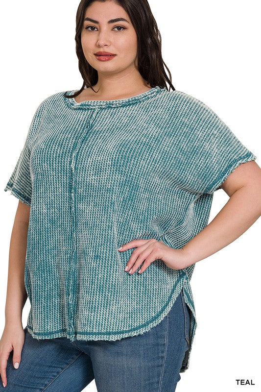 Zenana Women's Clothing Plus Washed Baby Waffle Short Sleeve Top Cotton Size S/M L/XL
