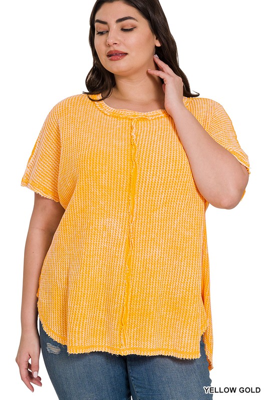 Zenana Women's Clothing Plus Washed Baby Waffle Short Sleeve Top Cotton Size S/M L/XL