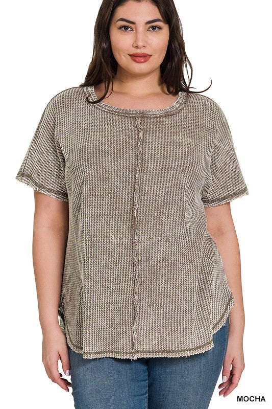 Zenana Women's Clothing Plus Washed Baby Waffle Short Sleeve Top Cotton Size S/M L/XL