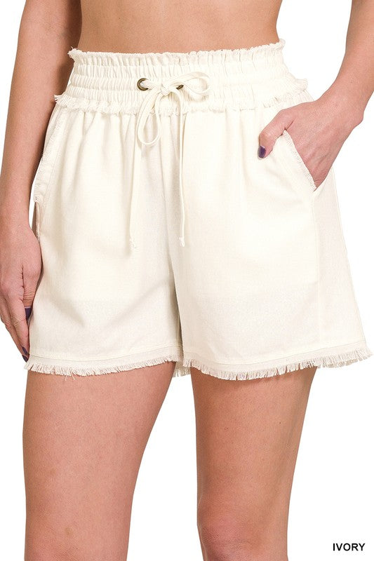 Zenana Women's Clothing Linen Frayed Hem Drawstring Shorts With Pockets Linen Rayon Size S-XL