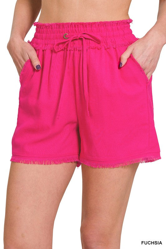 Zenana Women's Clothing Linen Frayed Hem Drawstring Shorts With Pockets Linen Rayon Size S-XL